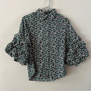 Tuckernuck Hyacinth house Ruffle sleeve cotton Noah blouse xxs Green pink floral